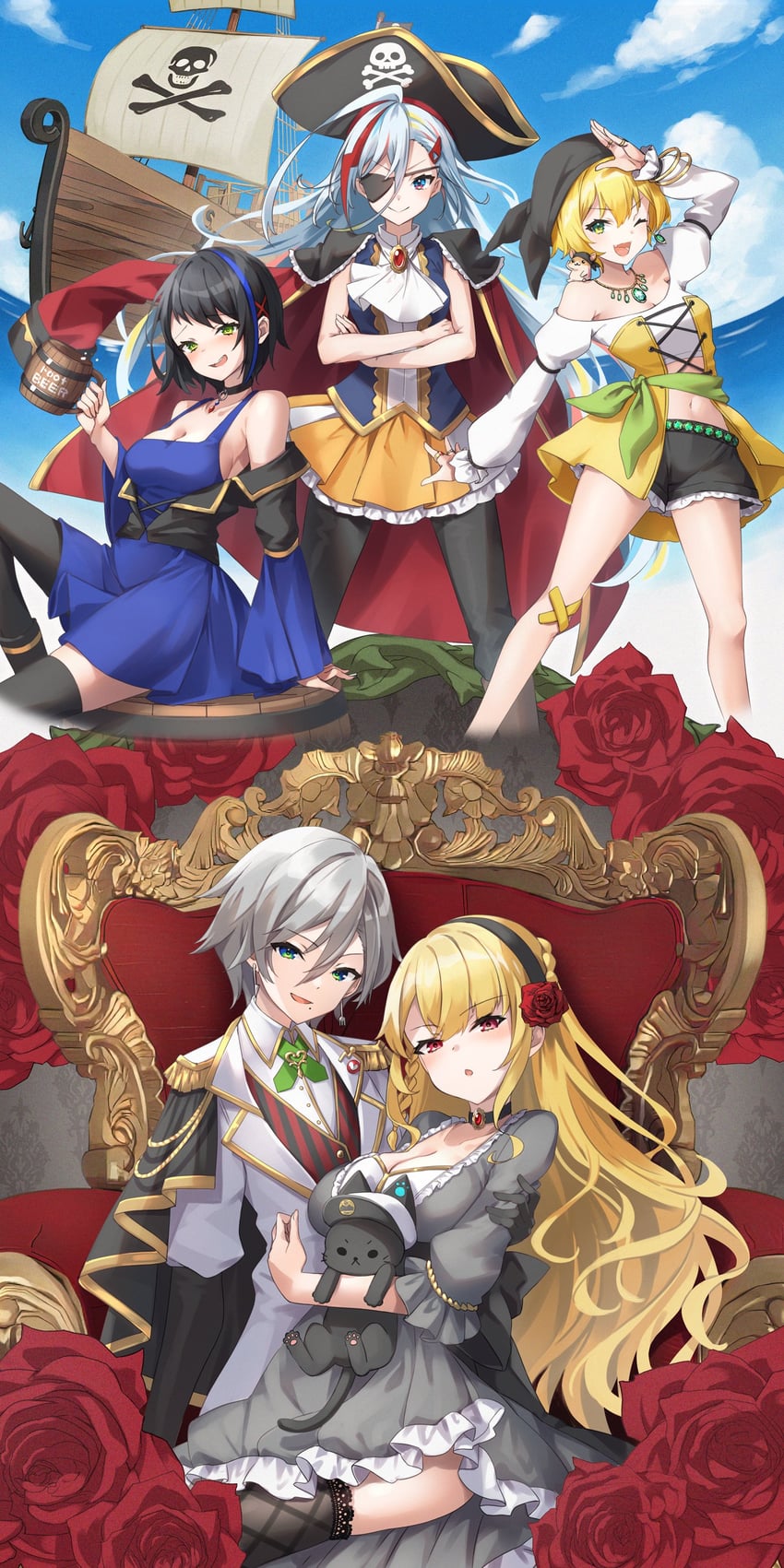kurogane tama, seto mitsuki, shirokane aki, haijima ginka, houou karin, and 1 more (denonbu) drawn by yaki_mayu