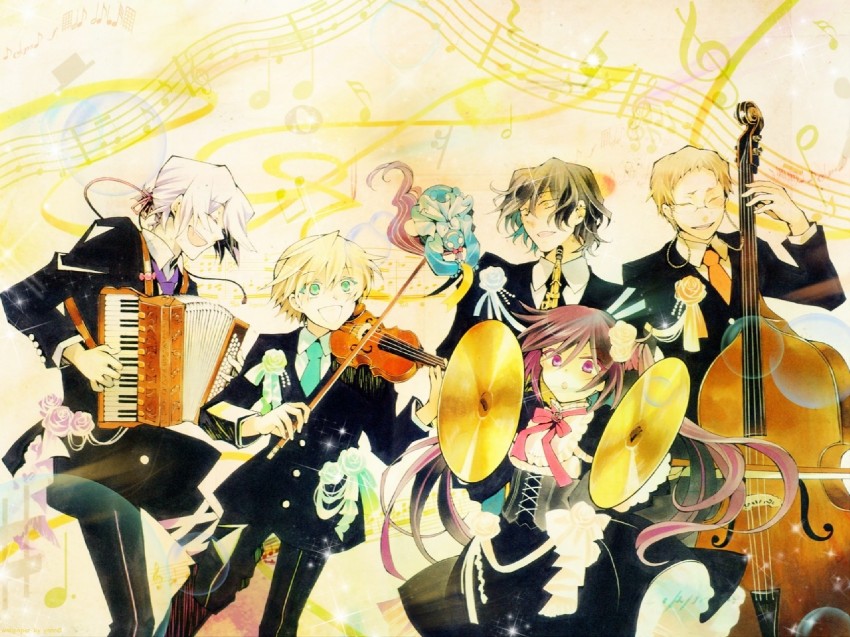 alice, oz vessalius, xerxes break, gilbert nightray, emily, and 1 more (pandora hearts) drawn by mochizuki_jun