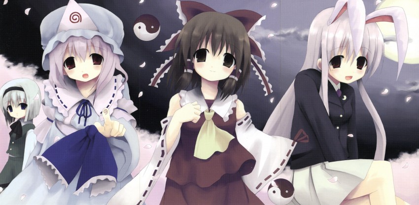 hakurei reimu, konpaku youmu, reisen udongein inaba, and saigyouji yuyuko (touhou) drawn by shiro_(octet)