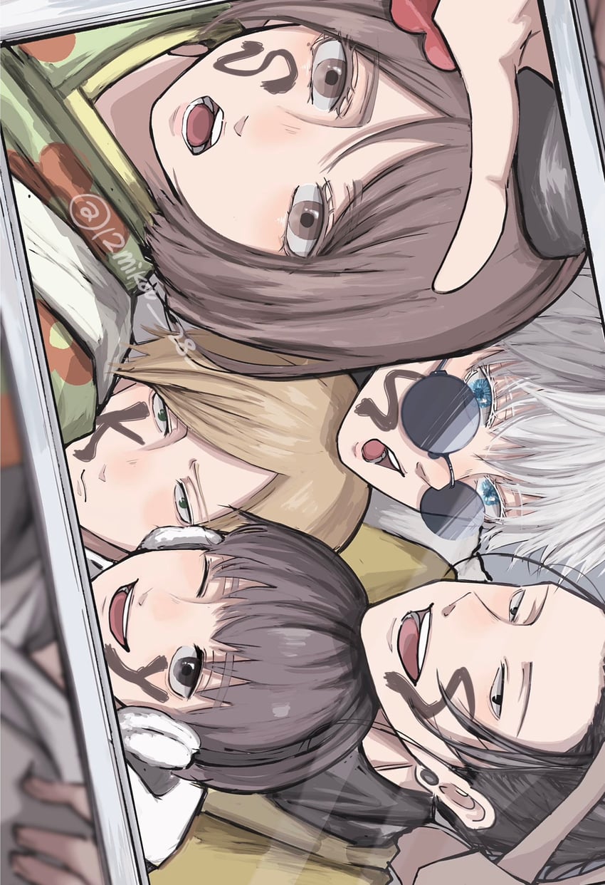 gojou satoru, getou suguru, nanami kento, ieiri shoko, and haibara yu (jujutsu kaisen) drawn by 12mika_28