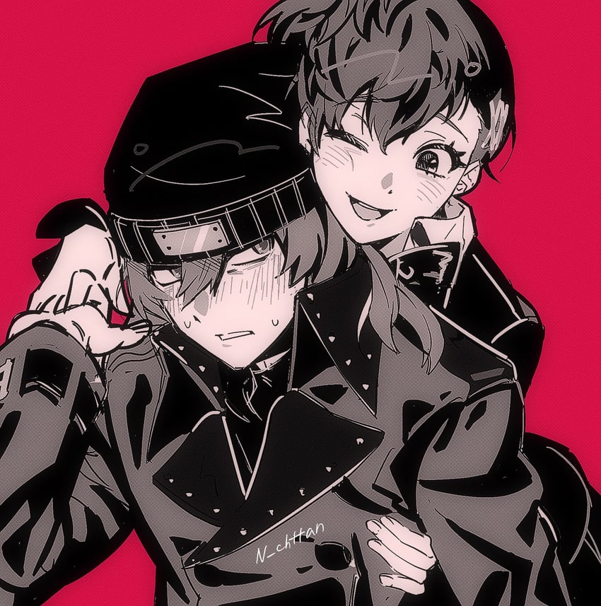 shiomi kotone and aragaki shinjirou (persona and 2 more) drawn by n_(chttan_lc)