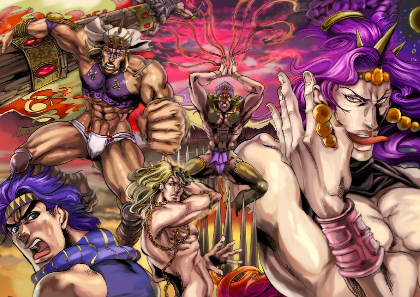 joseph joestar, kars, wamuu, esidisi, and santana (jojo no kimyou na bouken and 1 more) drawn by illa