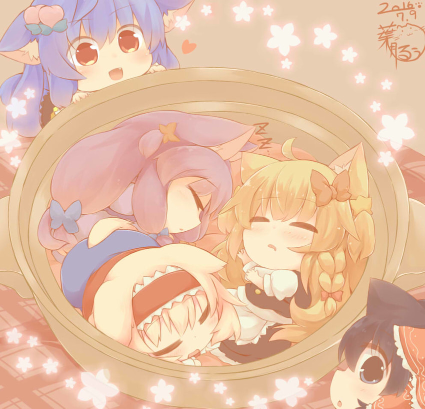 hakurei reimu, kirisame marisa, alice margatroid, patchouli knowledge, hinanawi tenshi, and 1 more (touhou) drawn by hazuki_ruu