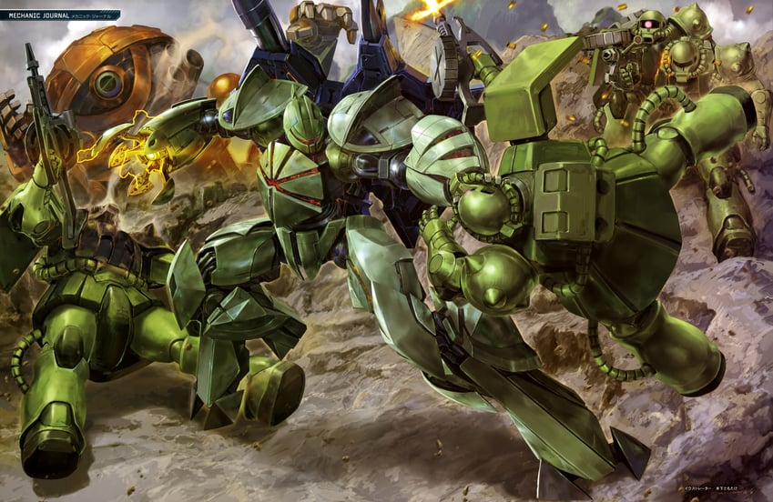 zaku ii, turn x, borjarnon, and wadom (gundam and 1 more) drawn by kinoshita_tomotake
