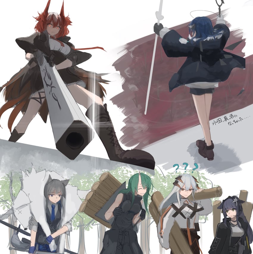 texas, mostima, saria, hoshiguma, texas the omertosa, and 3 more (arknights) drawn by hetare_galm_sue