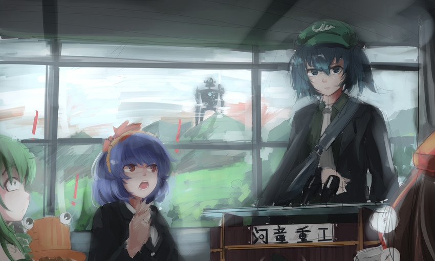 kochiya sanae, shameimaru aya, moriya suwako, kawashiro nitori, yasaka kanako, and 2 more (touhou) drawn by yi_ping_jiangyou_jun