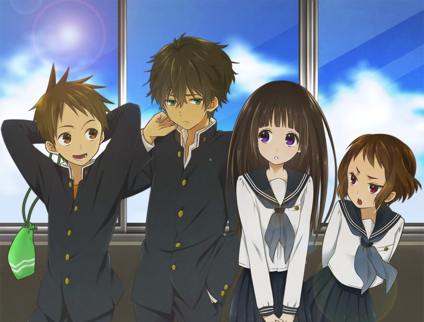 chitanda eru, oreki houtarou, ibara mayaka, and fukube satoshi (hyouka) drawn by anko_(teadial)