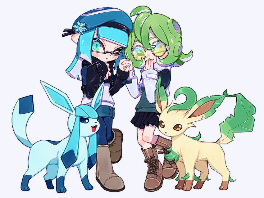 inkling player character, inkling girl, octoling player character, octoling girl, glaceon, and 1 more (pokemon and 1 more) drawn by desu_shichou