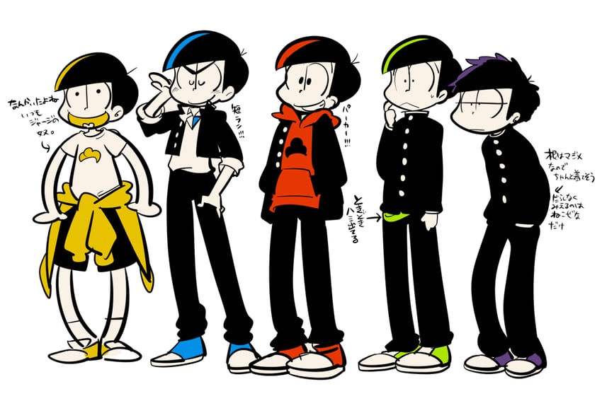 matsuno osomatsu, matsuno karamatsu, matsuno ichimatsu, matsuno jyushimatsu, and matsuno choromatsu (osomatsu and 1 more) drawn by sameyama_jiro