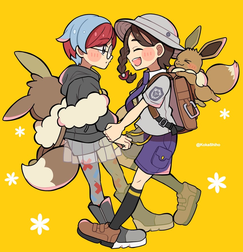 eevee, juliana, and penny (pokemon and 1 more) drawn by kokashiho
