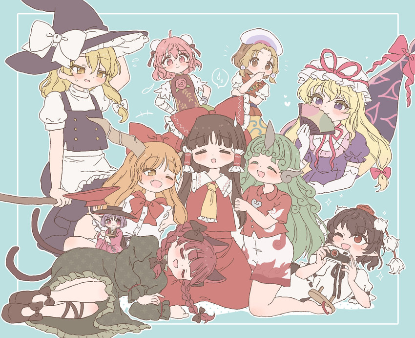 hakurei reimu, kirisame marisa, yakumo yukari, shameimaru aya, kaenbyou rin, and 5 more (touhou) drawn by sakurasaka