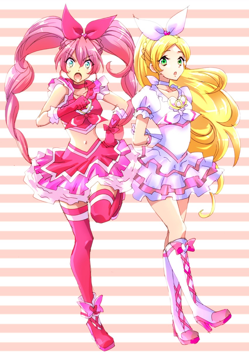 houjou hibiki, minamino kanade, cure melody, and cure rhythm (precure and 1 more) drawn by genjuu_hirata