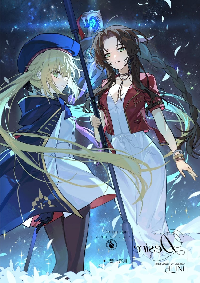 artoria pendragon, aerith gainsborough, and artoria caster (fate and 4 more) drawn by youling_keke