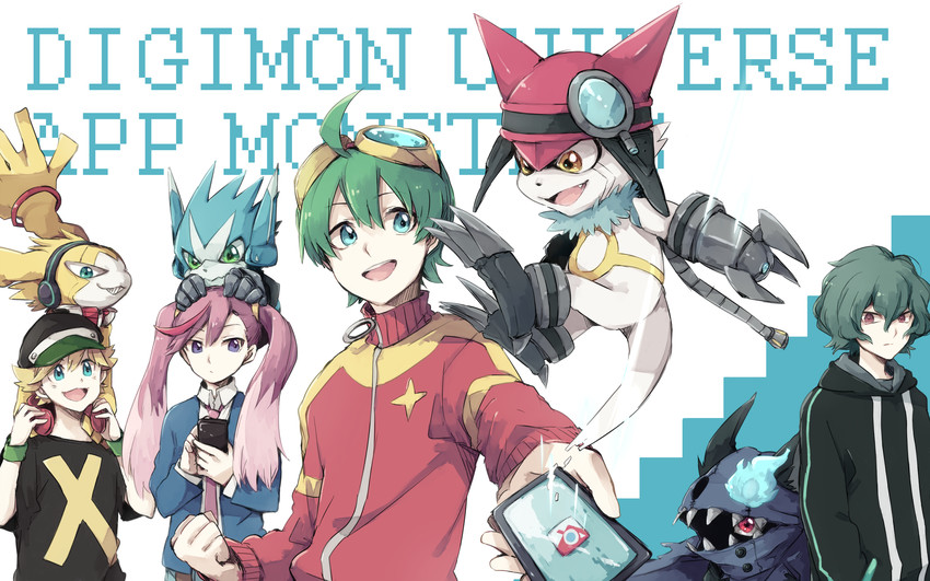 gatchmon, karan eri, shinkai haru, dokamon, hackmon, and 4 more (digimon and 1 more) drawn by amaimi