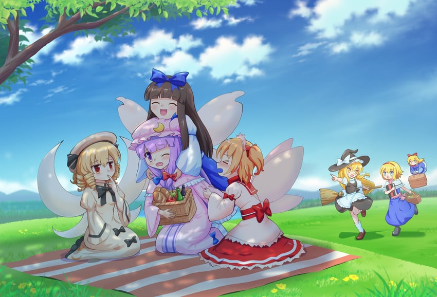 kirisame marisa, alice margatroid, patchouli knowledge, shanghai doll, star sapphire, and 2 more (touhou) drawn by yoruniwa