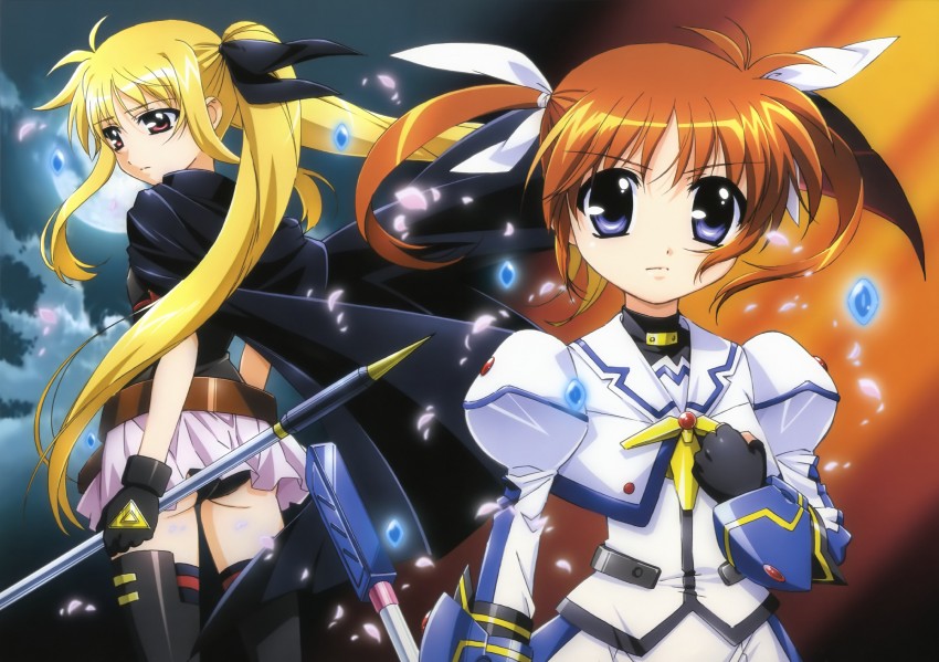 fate testarossa, takamachi nanoha, raising heart, and bardiche (lyrical nanoha and 2 more) drawn by okuda_yasuhiro