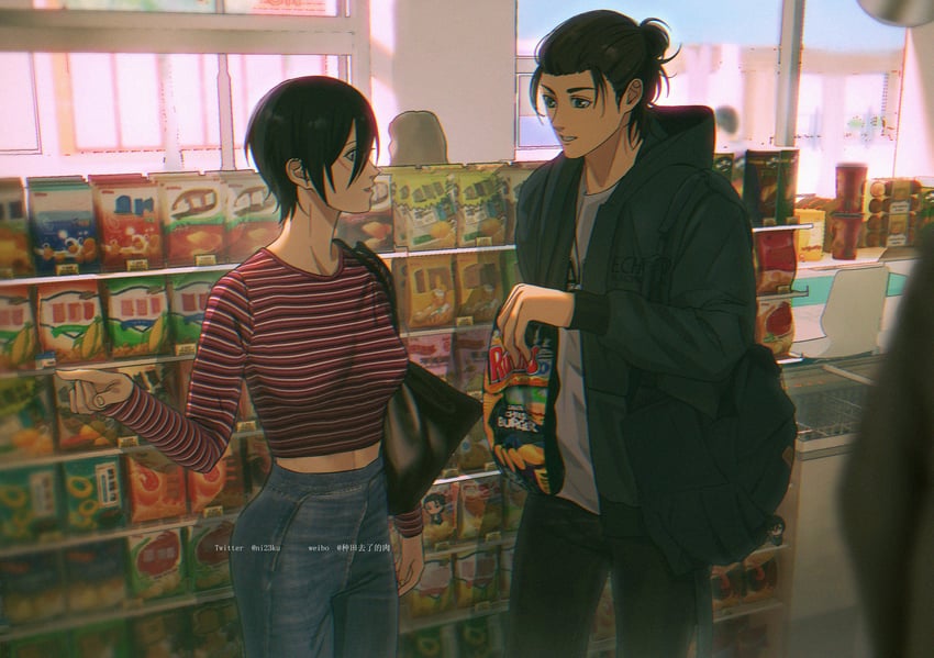 mikasa ackerman and eren yeager (shingeki no kyojin) drawn by niku_(ni23ku)