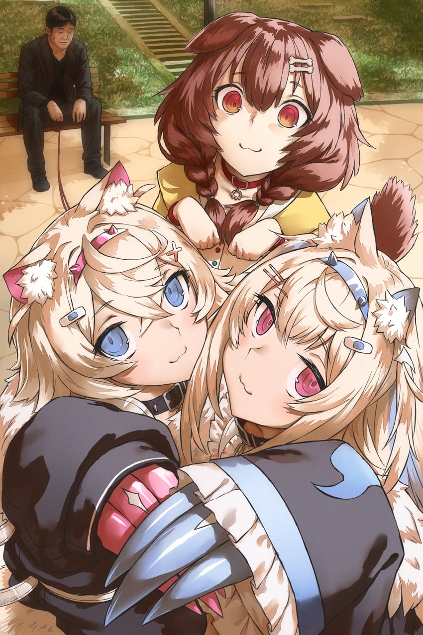 inugami korone, fuwawa abyssgard, mococo abyssgard, and yagoo (hololive and 1 more) drawn by haraya_manawari