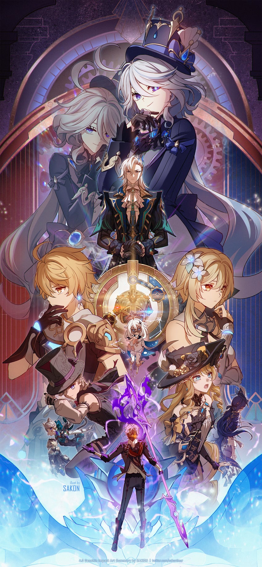 lumine, aether, furina, paimon, neuvillette, and 6 more (genshin impact) drawn by sakon04