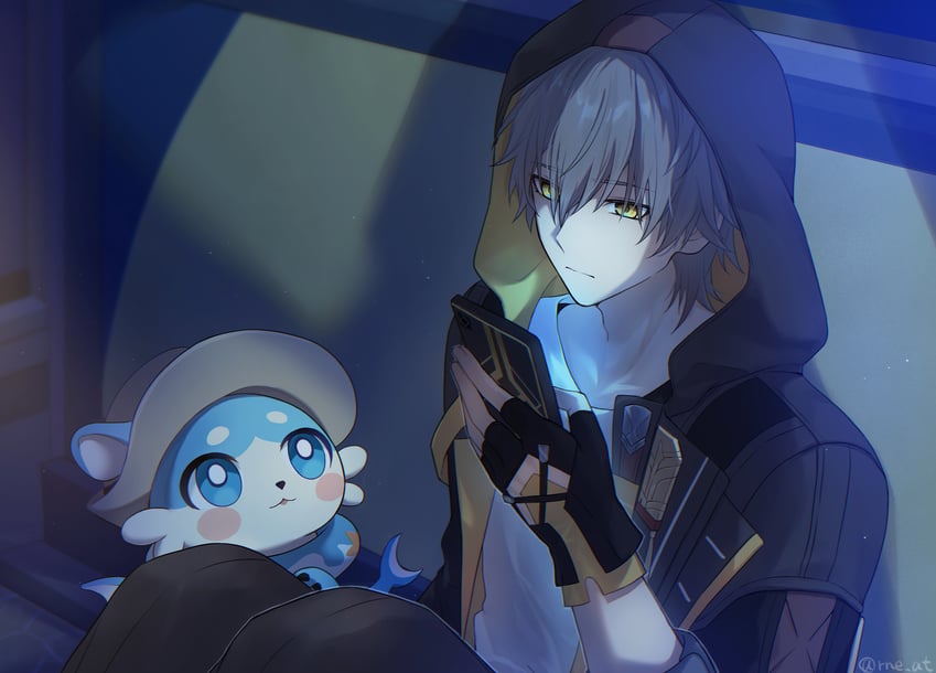 trailblazer, caelus, and bubbles (honkai and 1 more) drawn by rune_(rne_at)