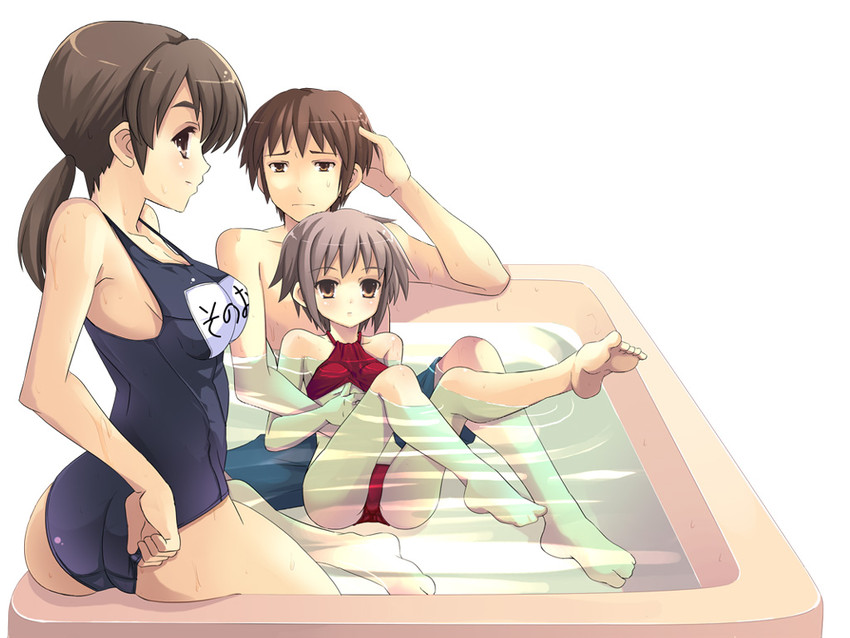 nagato yuki, kyon, and mori sonou (suzumiya haruhi no yuuutsu) drawn by yuuji_overall