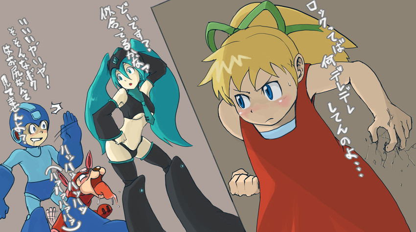 hatsune miku, roll, mega man, and rush (vocaloid and 1 more) drawn by niimori_hiroshi