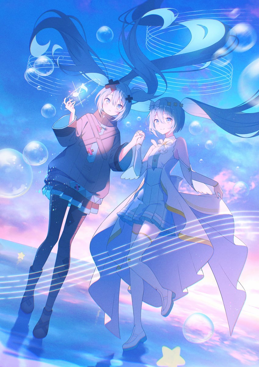 hatsune miku, batsu miku, and hiramado miku (vocaloid and 2 more) drawn by amai_melo