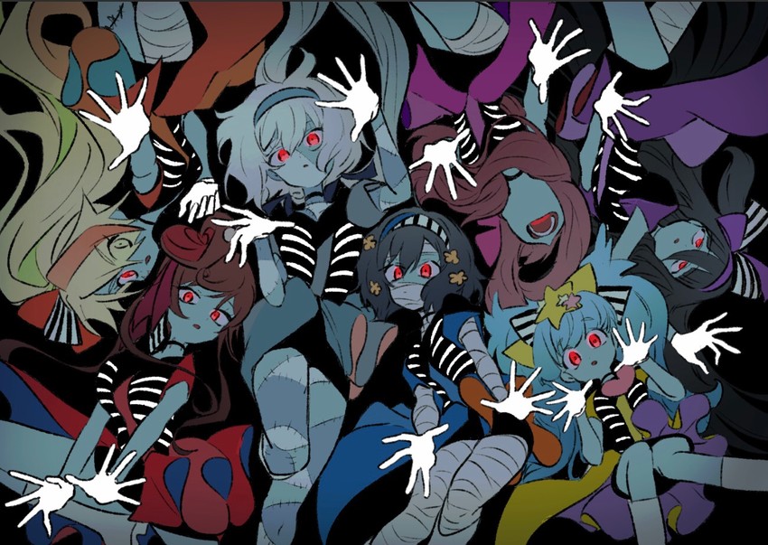 konno junko, minamoto sakura, mizuno ai, nikaidou saki, hoshikawa lily, and 2 more (zombie land saga) drawn by mokeo