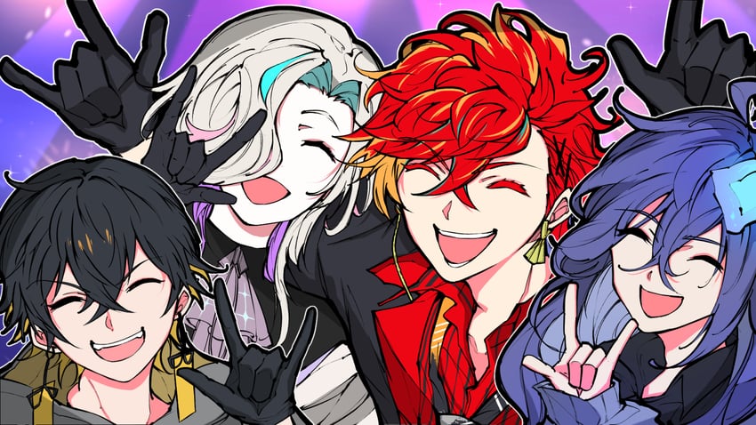 yatogami fuma, minase rio, utsugi uyu, and hizaki gamma (holostars) drawn by hizaki_gamma_(artist)