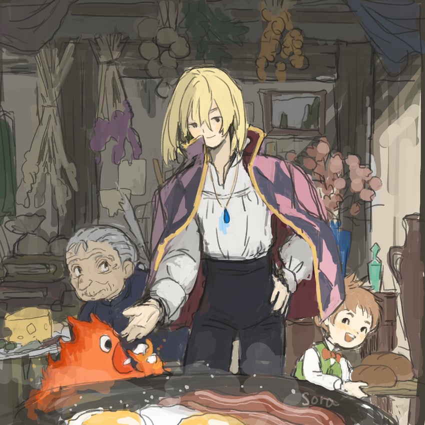 howl pendragon, sophie hatter, calcifer, and markl (howl no ugoku shiro) drawn by soraoyogusakana