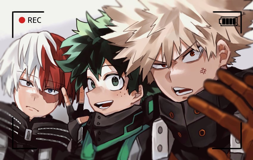 midoriya izuku, bakugou katsuki, and todoroki shoto (boku no hero academia) drawn by fuyutsuki