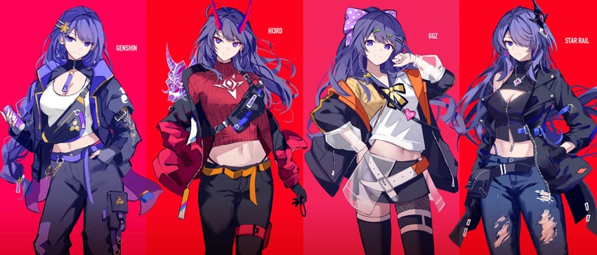 raiden shogun, acheron, raiden mei, and sawashiro miyuki (genshin impact and 5 more) drawn by sparks_summer