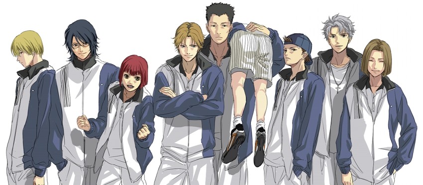 atobe keigo, akutagawa jirou, oshitari yuushi, hiyoshi wakashi, mukahi gakuto, and 4 more (tennis no ouji-sama) drawn by sakatsuki