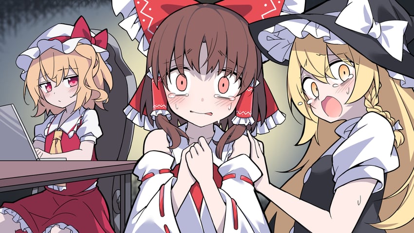 hakurei reimu, kirisame marisa, and flandre scarlet (touhou) drawn by e.o.