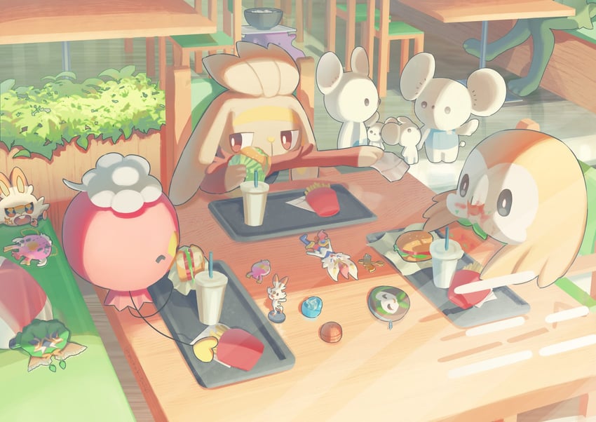 rowlet, scorbunny, cinderace, ditto, drifloon, and 5 more (pokemon) drawn by mokukitusui