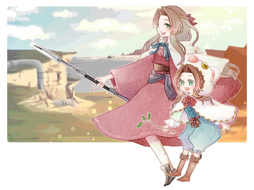 aerith gainsborough, moogle, and ifalna (final fantasy and 3 more) drawn by bluelimbo8888