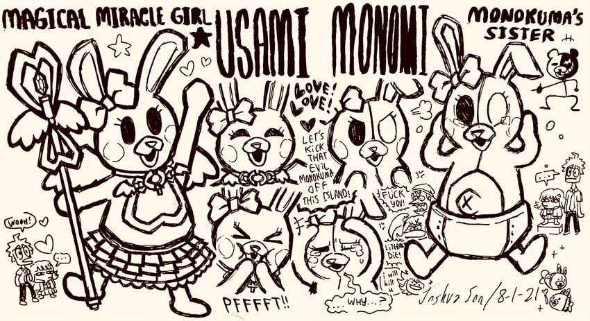 nanami chiaki, hinata hajime, monokuma, monomi, saionji hiyoko, and 3 more (danganronpa and 1 more) drawn by josh-s26