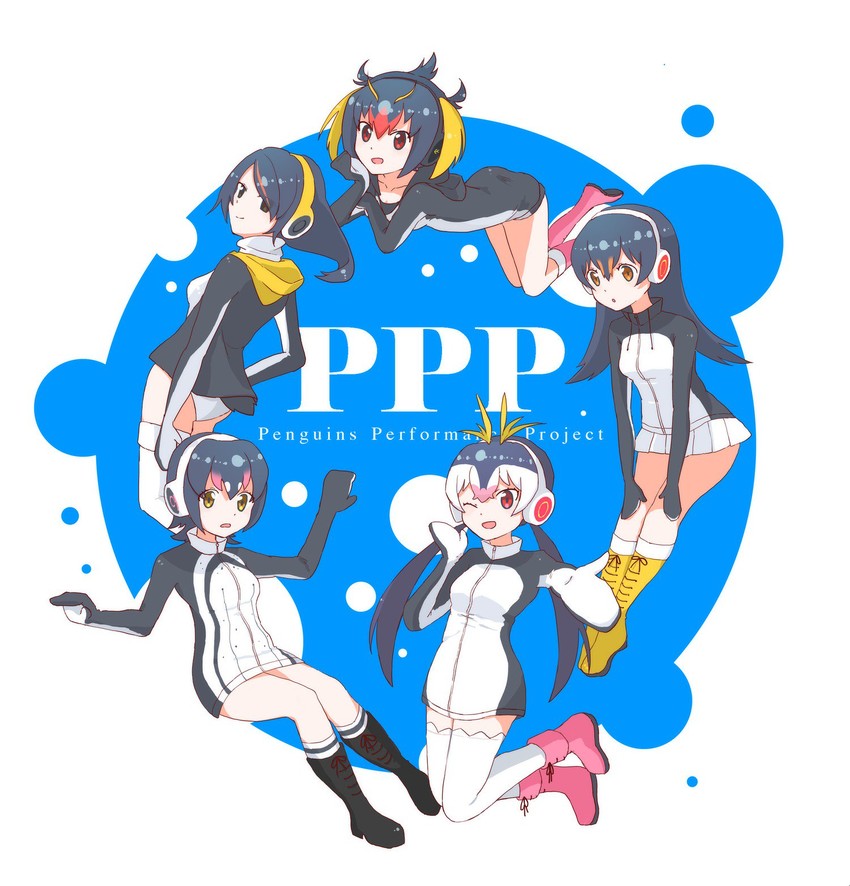 emperor penguin, humboldt penguin, royal penguin, rockhopper penguin, and gentoo penguin (kemono friends) drawn by gomapiyo_(gmpy_oaio)