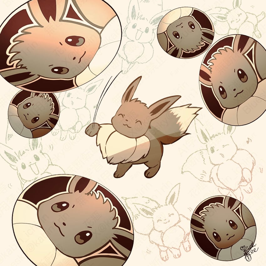 eevee (pokemon and 2 more) drawn by kabin_(kabin_ichirin)
