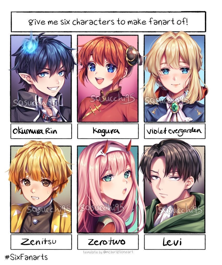 zero two, levi, kagura, violet evergarden, agatsuma zenitsu, and 1 more (kimetsu no yaiba and 5 more) drawn by sasucchi95