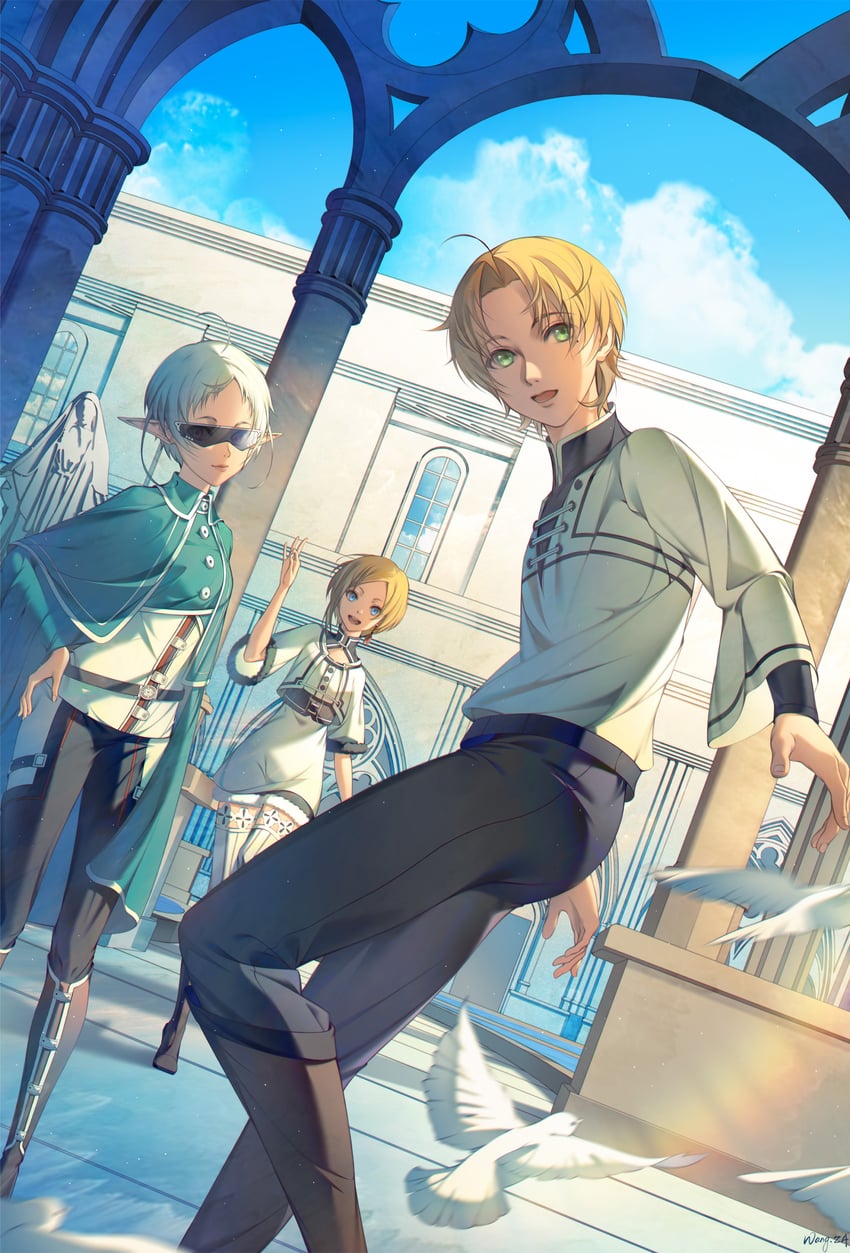 sylphiette, rudeus greyrat, and sara (mushoku tensei) drawn by wangza