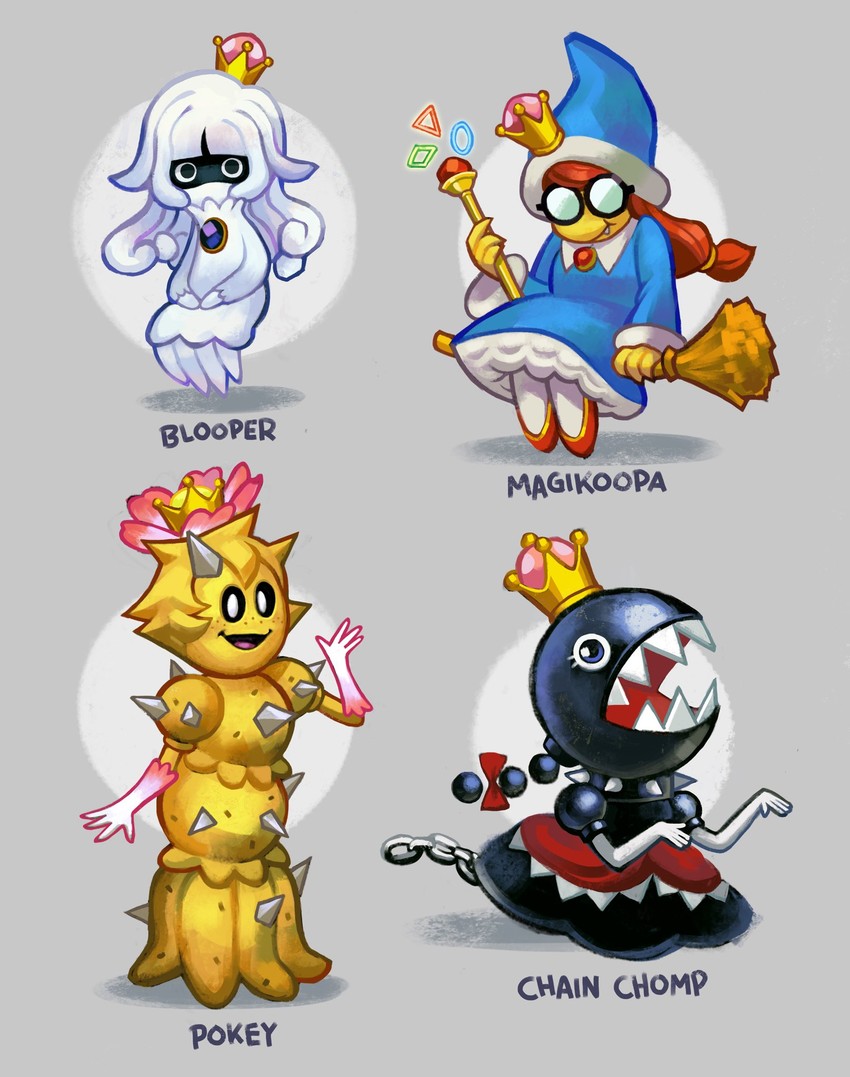 princess chain chomp, bloopette, princess magikoopa, and princess pokey (mario and 1 more) drawn by ballooncar