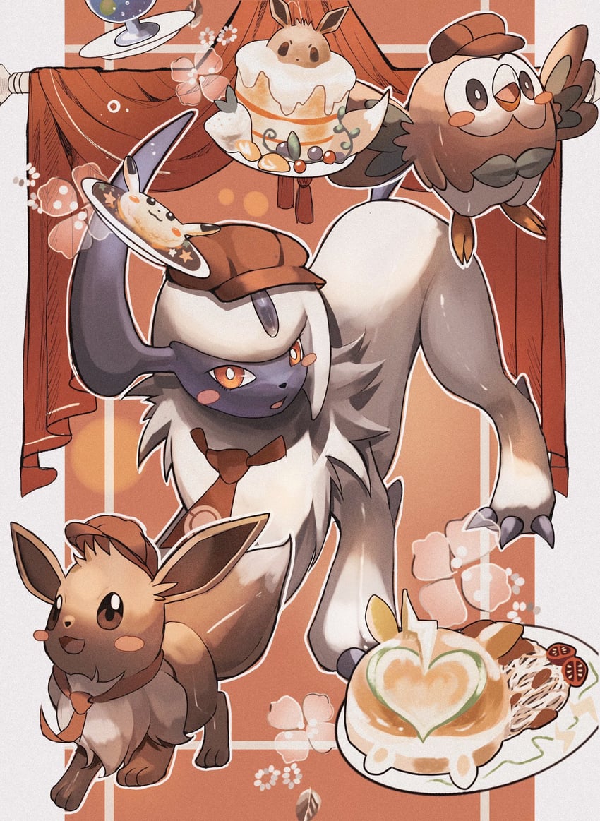 eevee, rowlet, absol, and yamper (pokemon and 1 more) drawn by reo_(mmocc123)