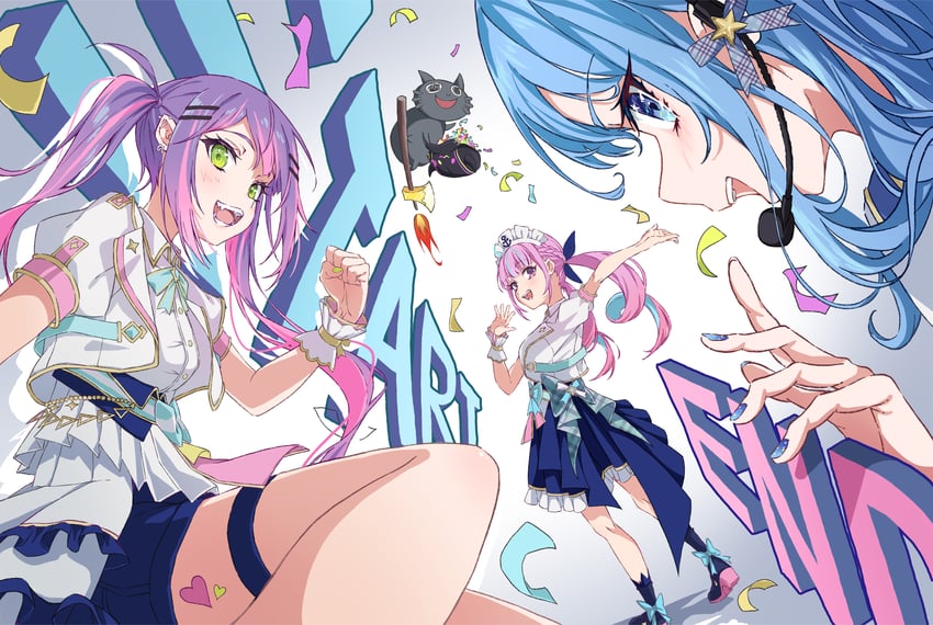 hoshimachi suisei, minato aqua, tokoyami towa, bibi, and neko (hololive) drawn by he_shan123