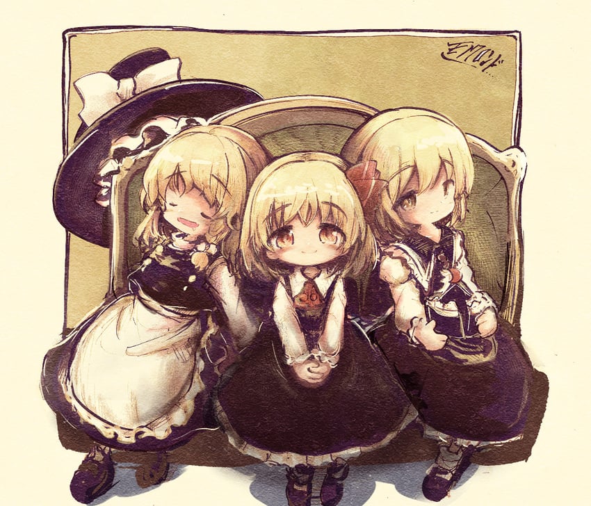 kirisame marisa, rumia, and lunasa prismriver (touhou) drawn by kouba