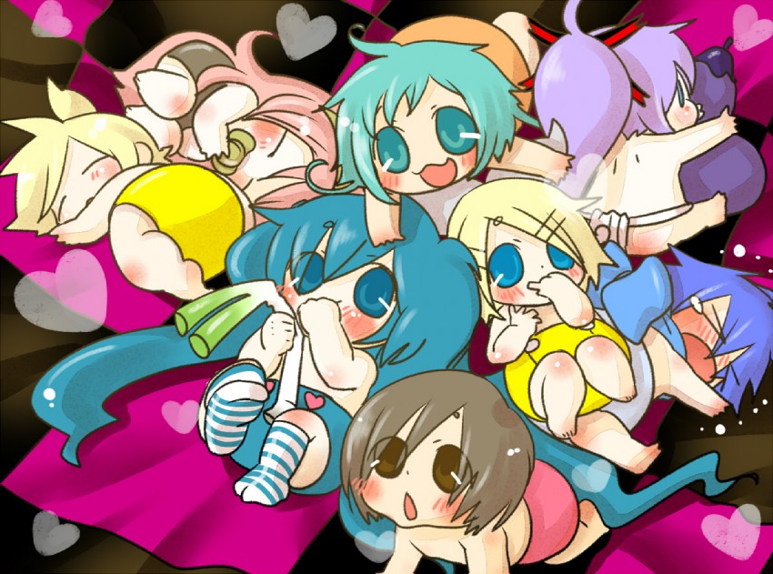 hatsune miku, kagamine rin, kagamine len, megurine luka, kaito, and 3 more (vocaloid and 1 more) drawn by sabuibo_maru