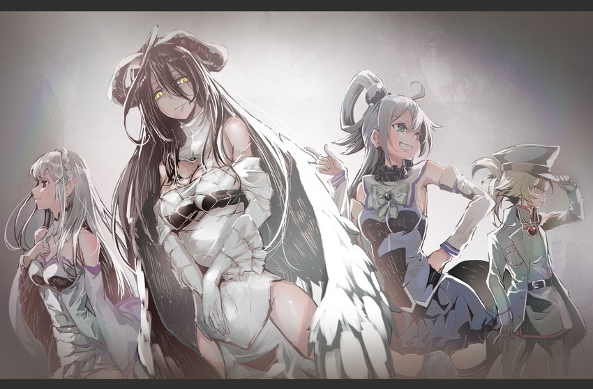 aqua, emilia, albedo, and tanya degurechaff (kono subarashii sekai ni shukufuku wo! and 4 more) drawn by neichiru