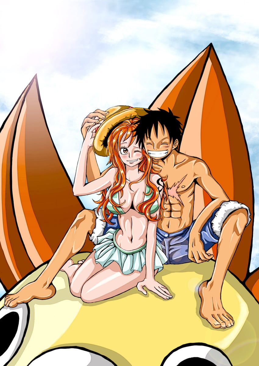 nami, monkey d. luffy, and thousand sunny (one piece) drawn by zippi44