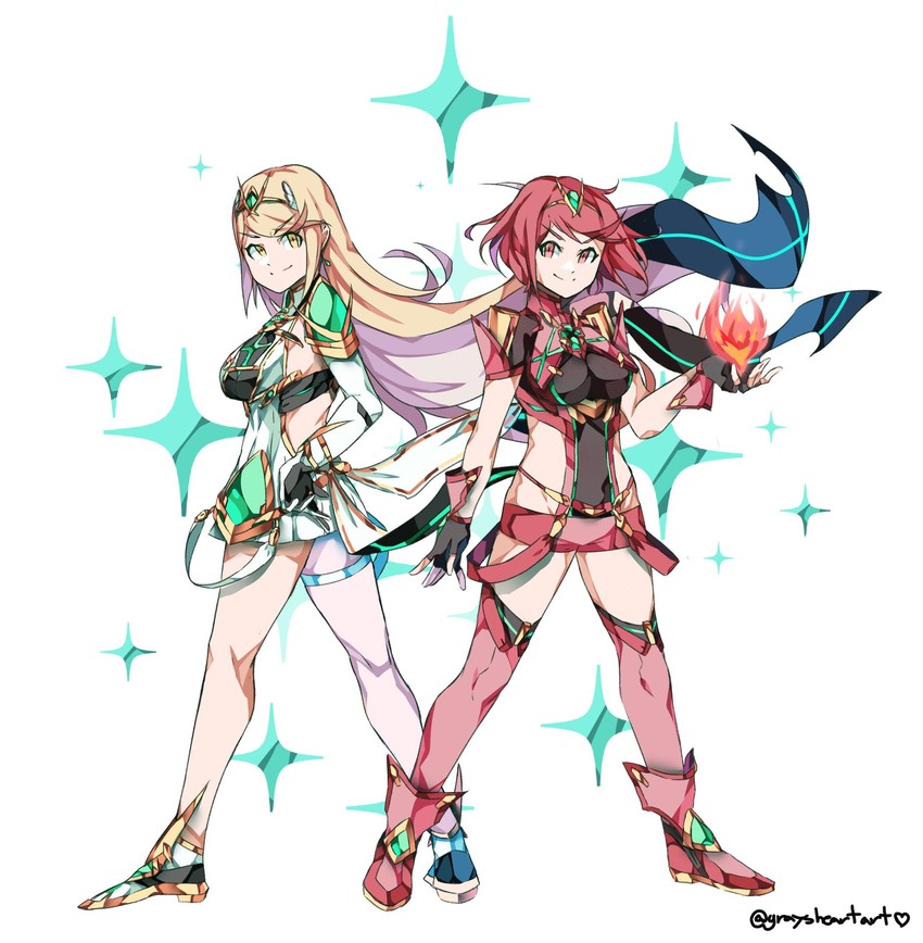 pyra and mythra (xenoblade chronicles and 1 more) drawn by graysheartart