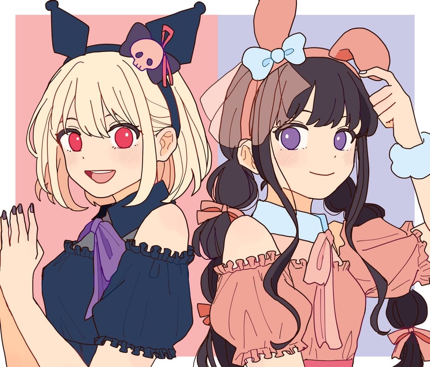 nishikigi chisato, inoue takina, my melody, and kuromi (lycoris recoil and 2 more) drawn by kuro_gomaa